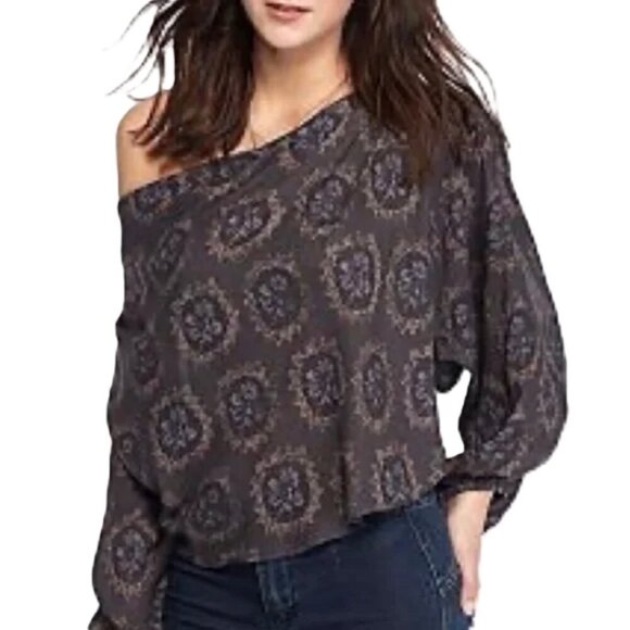 Free People Cowling Around Midnight Floral Balloon Sleeve Casual Blouse Black XS - Picture 1 of 9